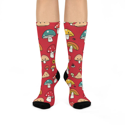 Crimson Mushroom Smiles Crew Socks