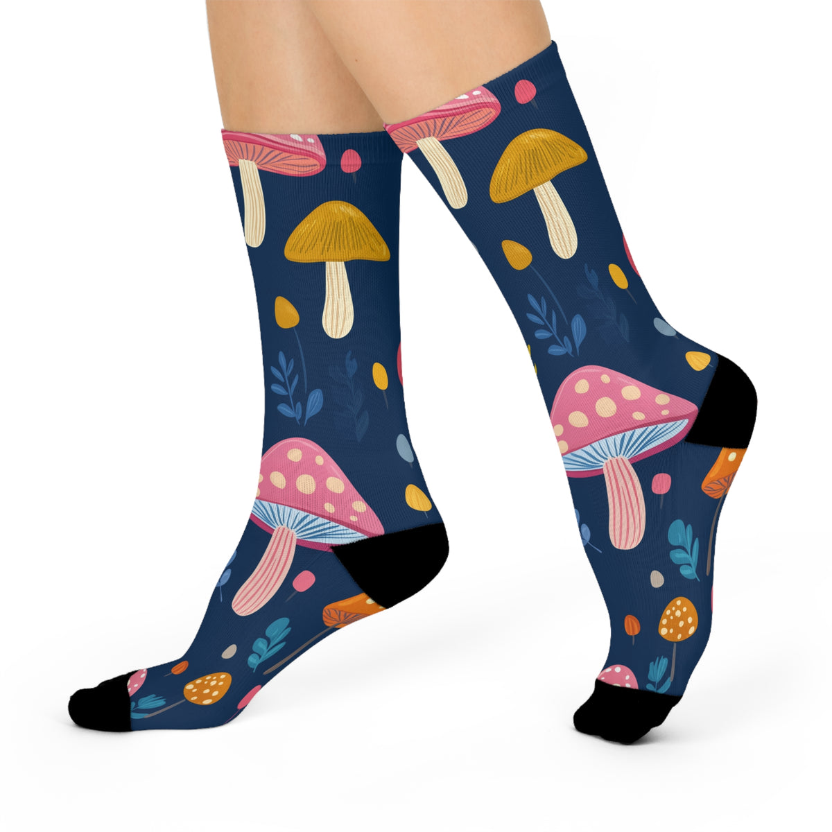 Blue Botanical Mushroom Crew Socks
