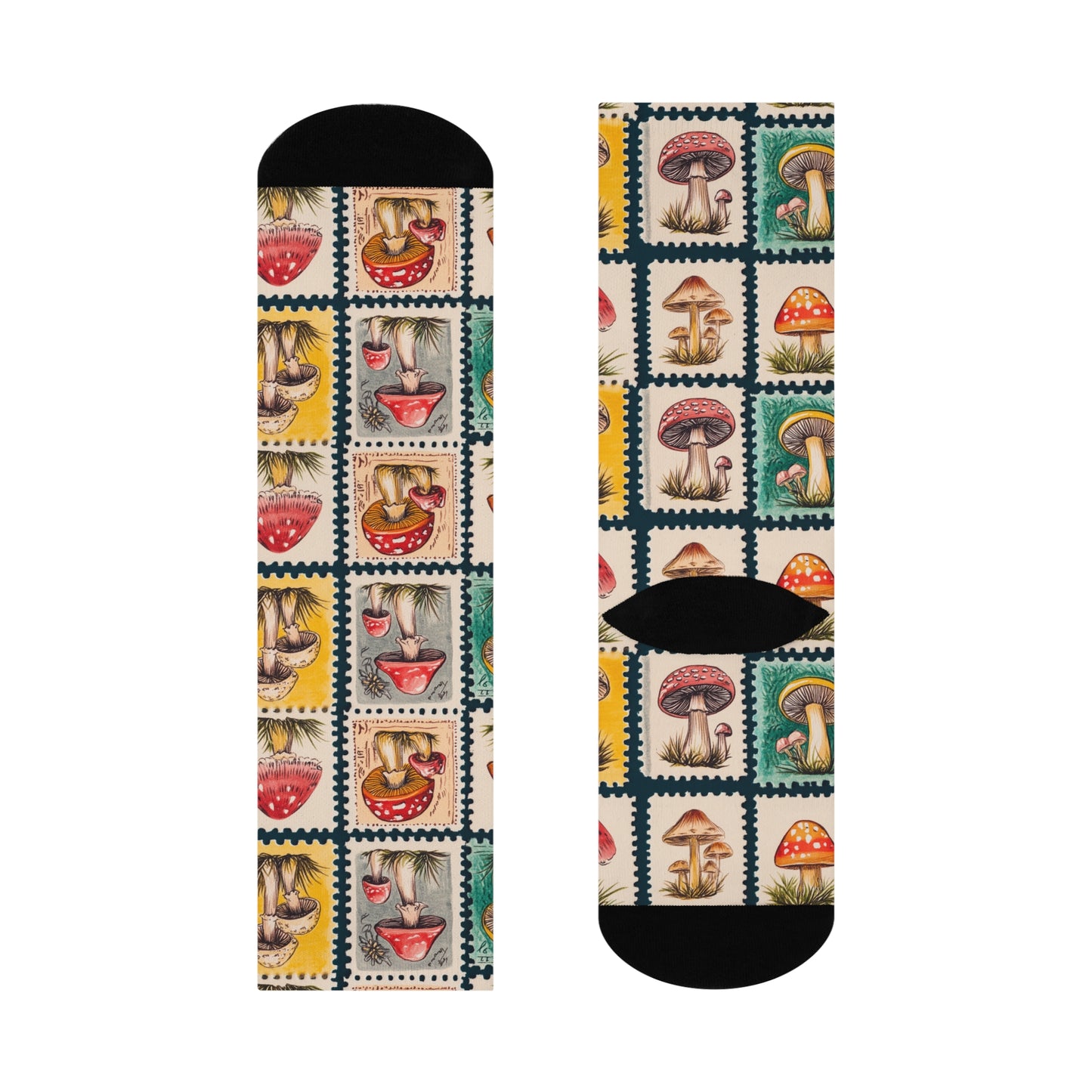 Mushroom Stamps Cushioned Crew Socks | Multicolored | Beige 004