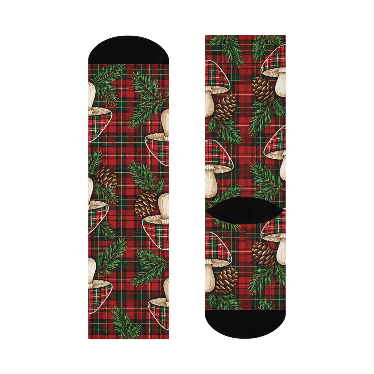 Festive Forest Plaid Christmas Mushroom Cushioned Crew Socks