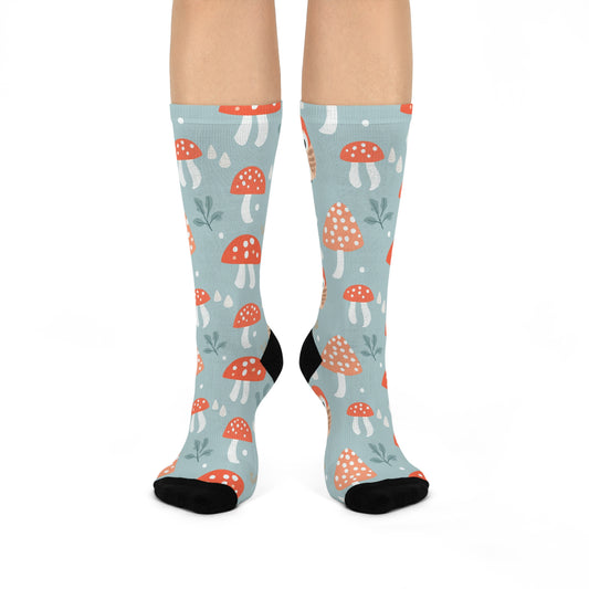 Mist Blue Owl & Mushroom Crew Socks