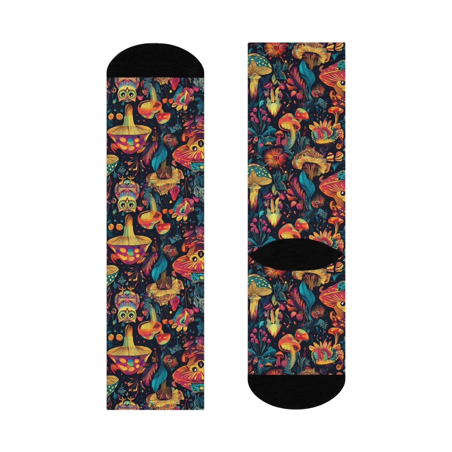 Mushroom Owl Socks For Festival Season | Cushioned Crew Socks | Multicolor | Black 031