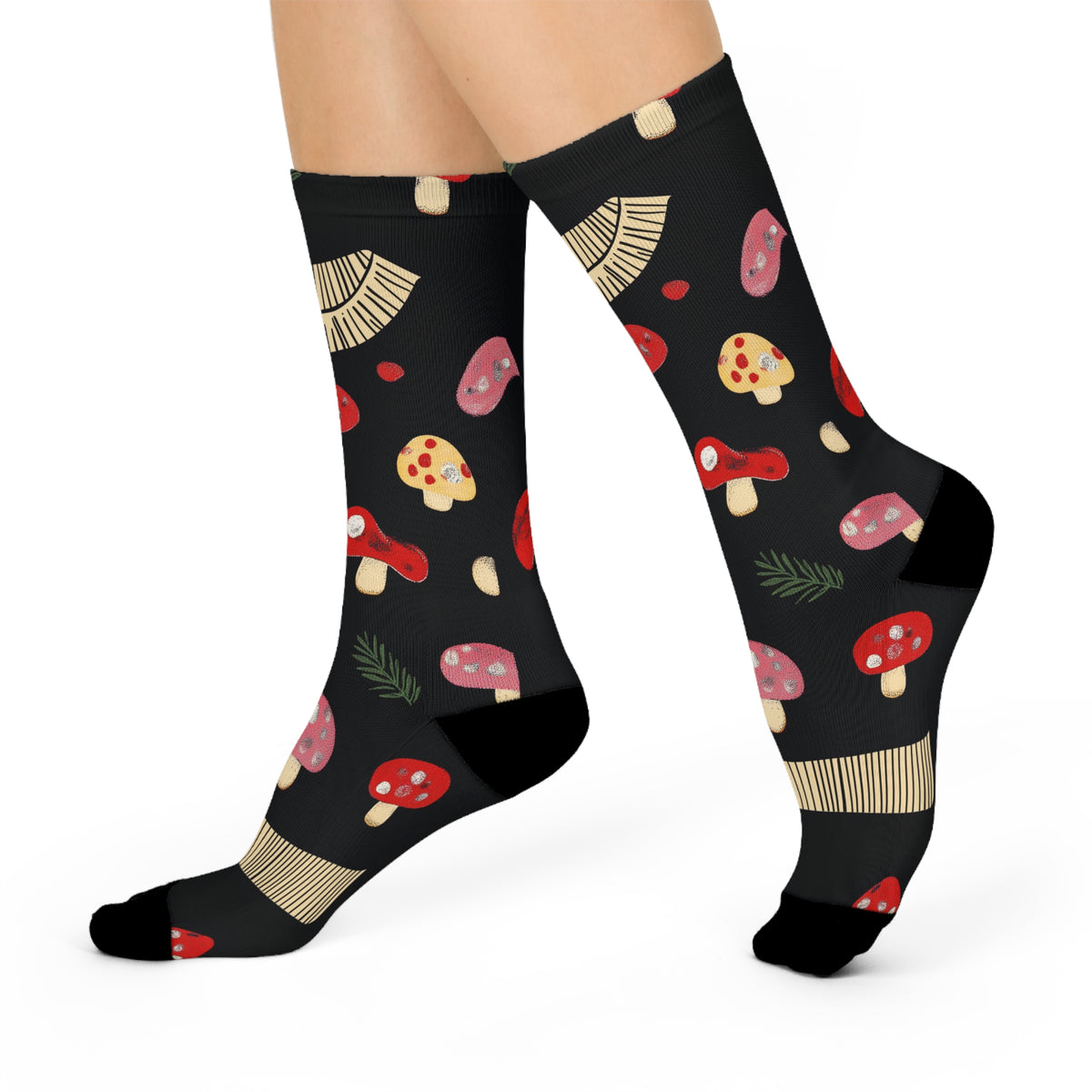 Black Mushroom and Sprig Crew Socks