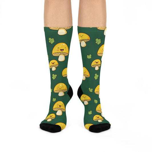 Forest Yellow Mushroom Smiles Crew Socks