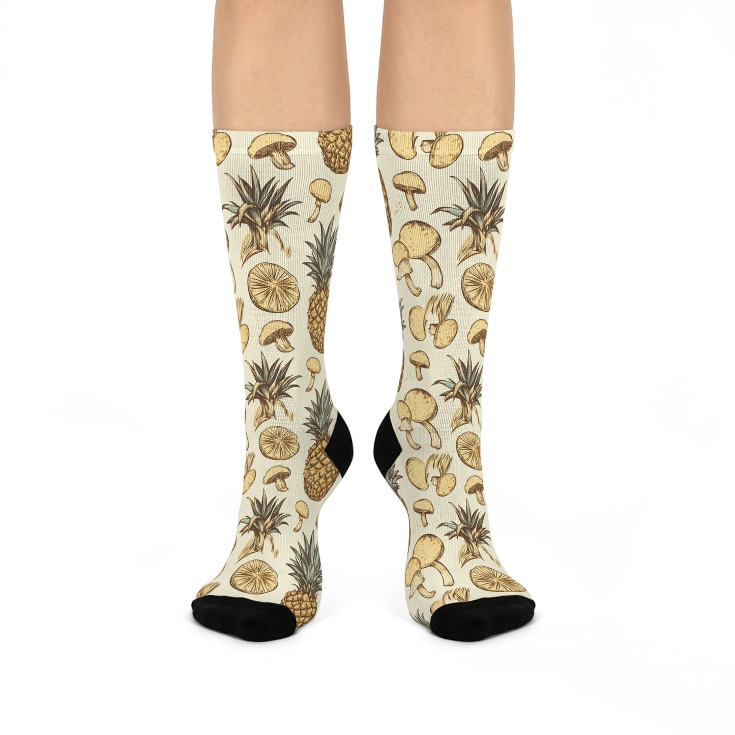 Mushroom + Pineapple Socks For Festival Season | Cushioned Crew Socks | Beige 006