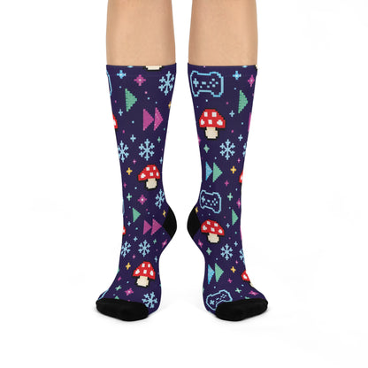 Pixel Frost Arcade Christmas Mushroom Cushioned Crew Socks