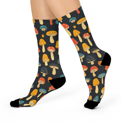 Black Autumn Mushroom Crew Socks