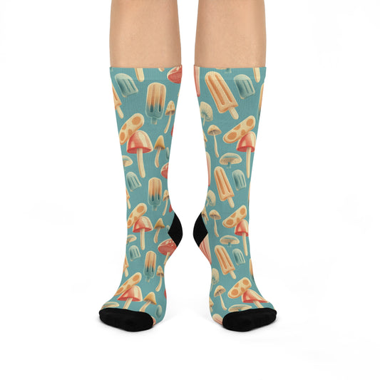 Mushroom Popsicle Socks For Festival Season | Cushioned Crew Socks | Multicolor | Blue 023