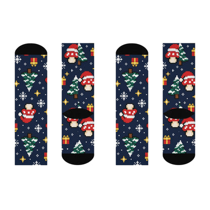 Pixel Snow Quest Christmas Mushroom Cushioned Crew Socks