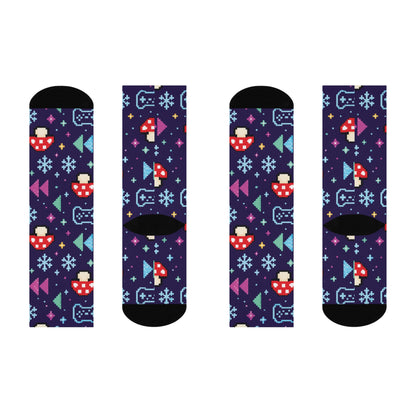Pixel Frost Arcade Christmas Mushroom Cushioned Crew Socks