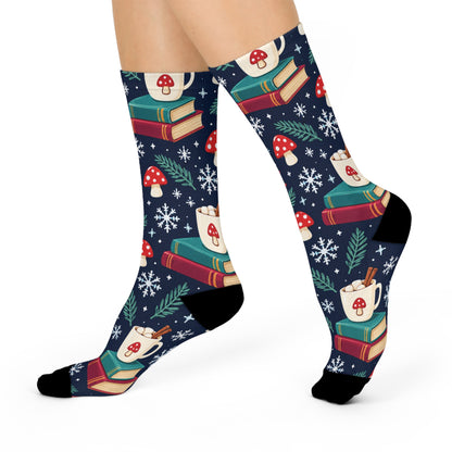 Snowy Book Nook Christmas Mushroom Cushioned Crew Socks