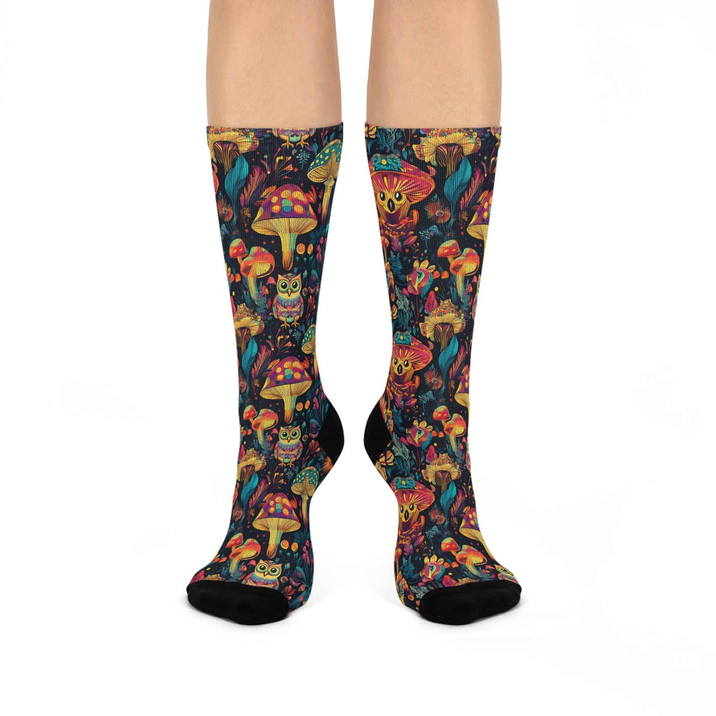 Mushroom Owl Socks For Festival Season | Cushioned Crew Socks | Multicolor | Black 031