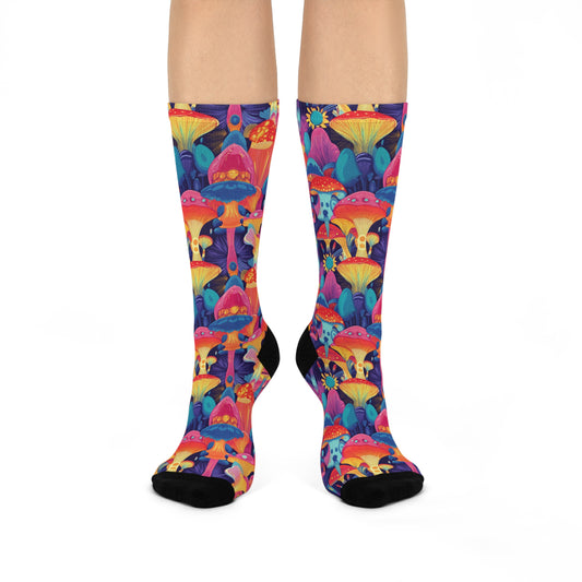 Mushroom Socks For Festival Season | Cushioned Crew Socks | Multicolor | Blue 022