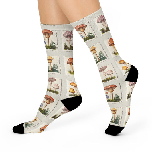 Mushroom Stamps Cushioned Crew Socks | Beige 005