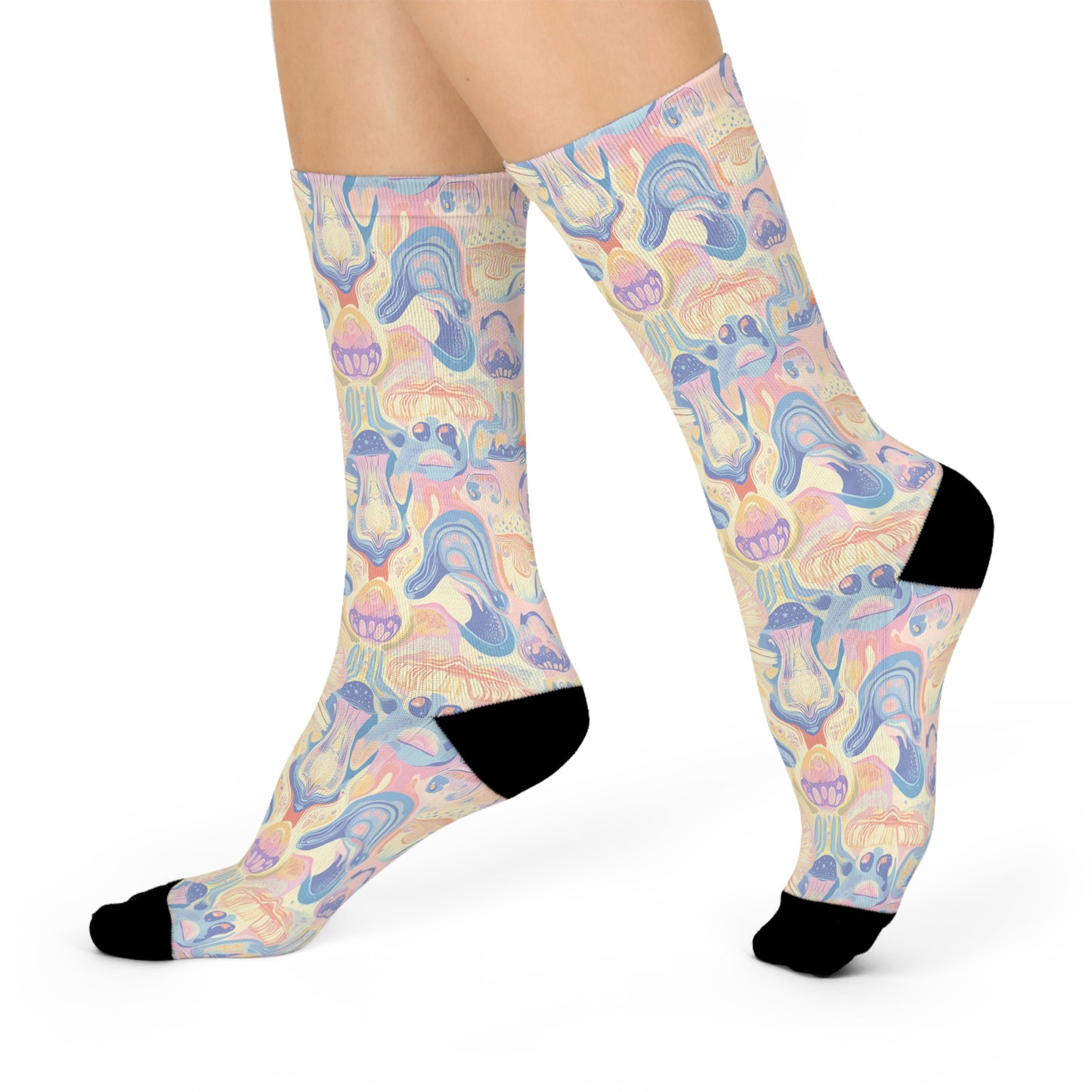 Mushroom Socks For Festival Season | Cushioned Crew Socks | Pastel Multicolor | Beige 005