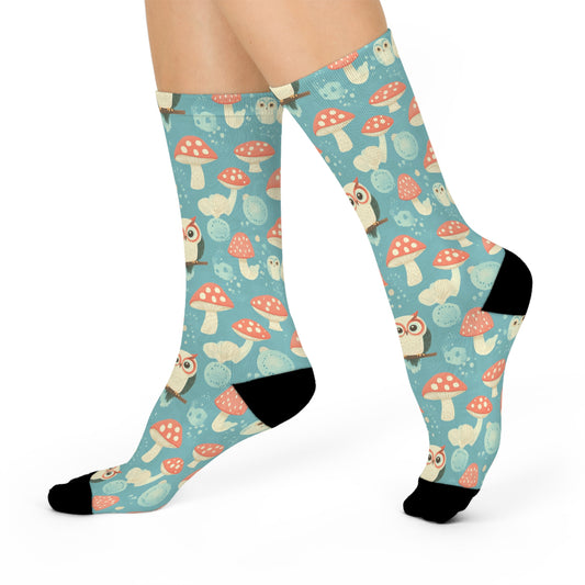 Mushroom + Owl Socks For Festival Season | Cushioned Crew Socks | Multicolor | Blue 024