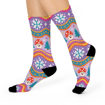 Retro Christmas Waves Christmas Mushroom Cushioned Crew Socks