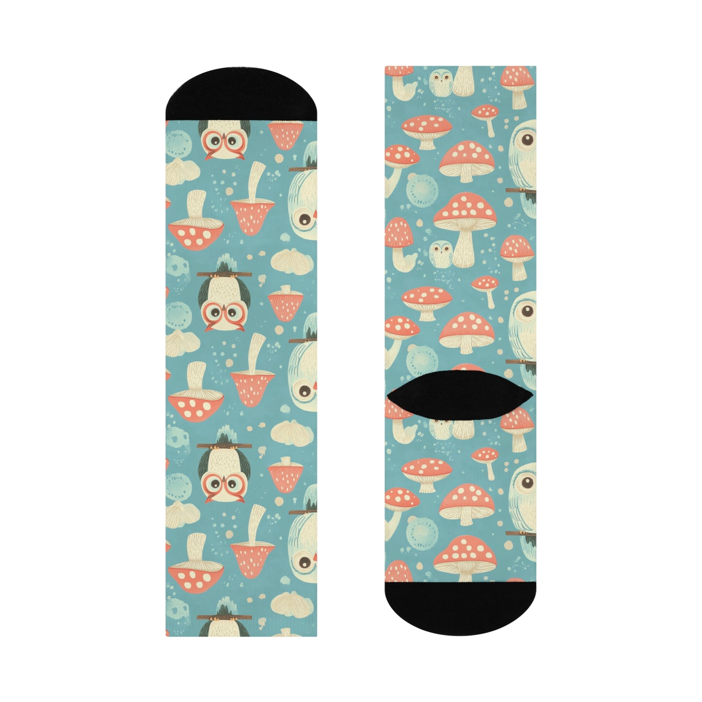 Mushroom + Owl Socks For Festival Season | Cushioned Crew Socks | Multicolor | Blue 024