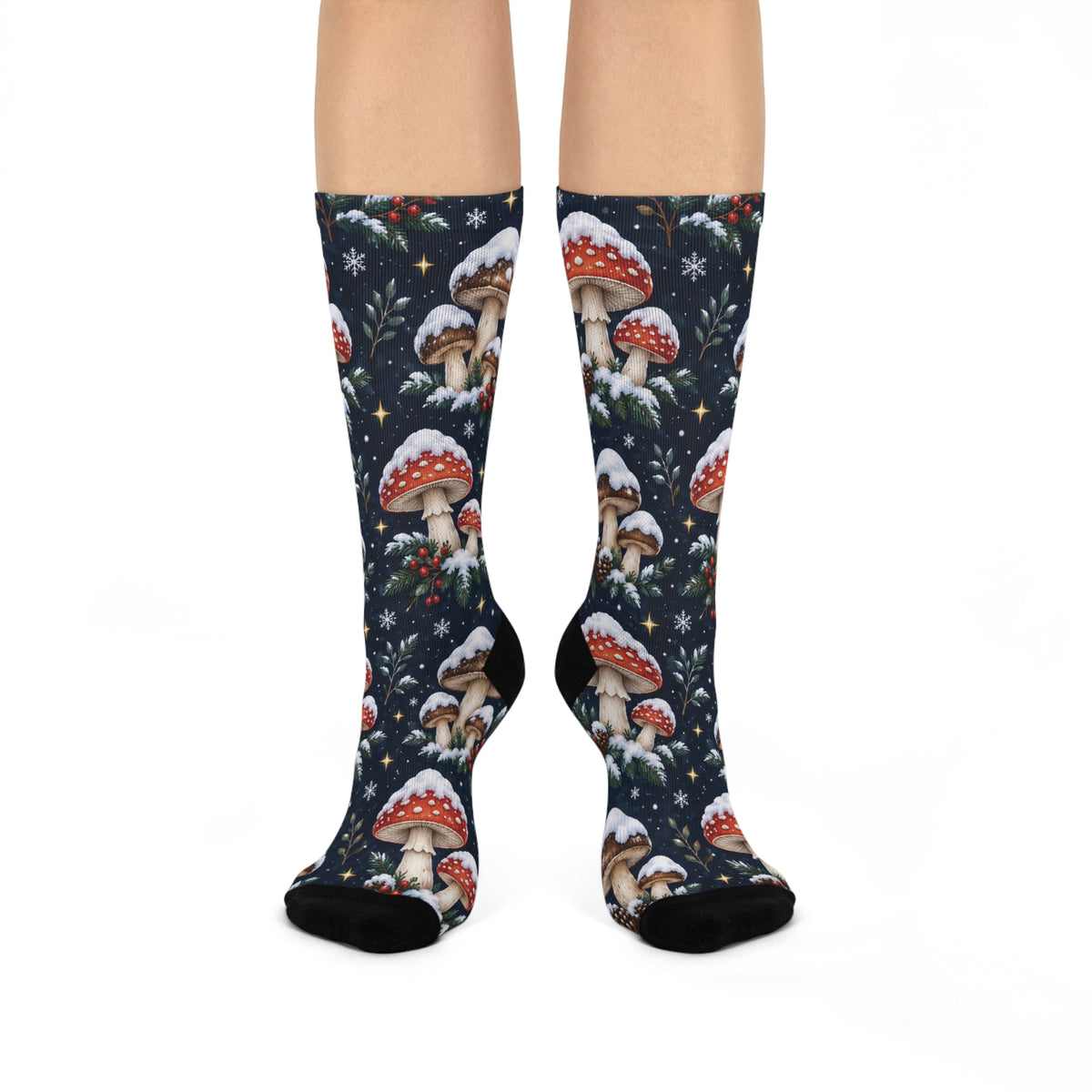 Midnight Snowcap Christmas Mushroom Cushioned Crew Socks