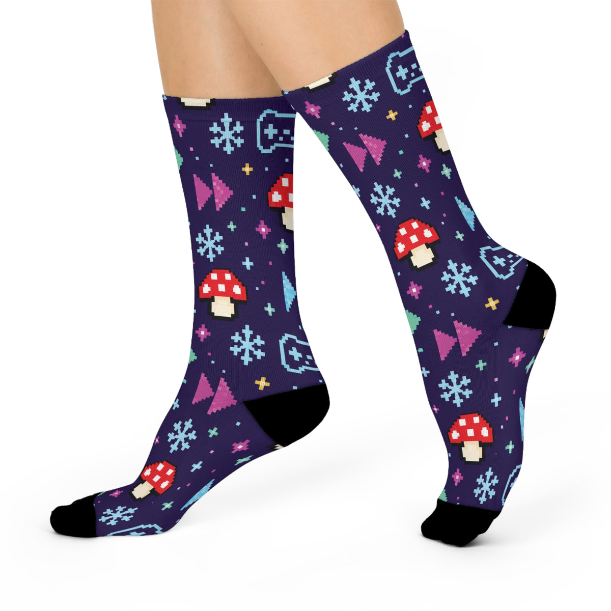 Pixel Frost Arcade Christmas Mushroom Cushioned Crew Socks