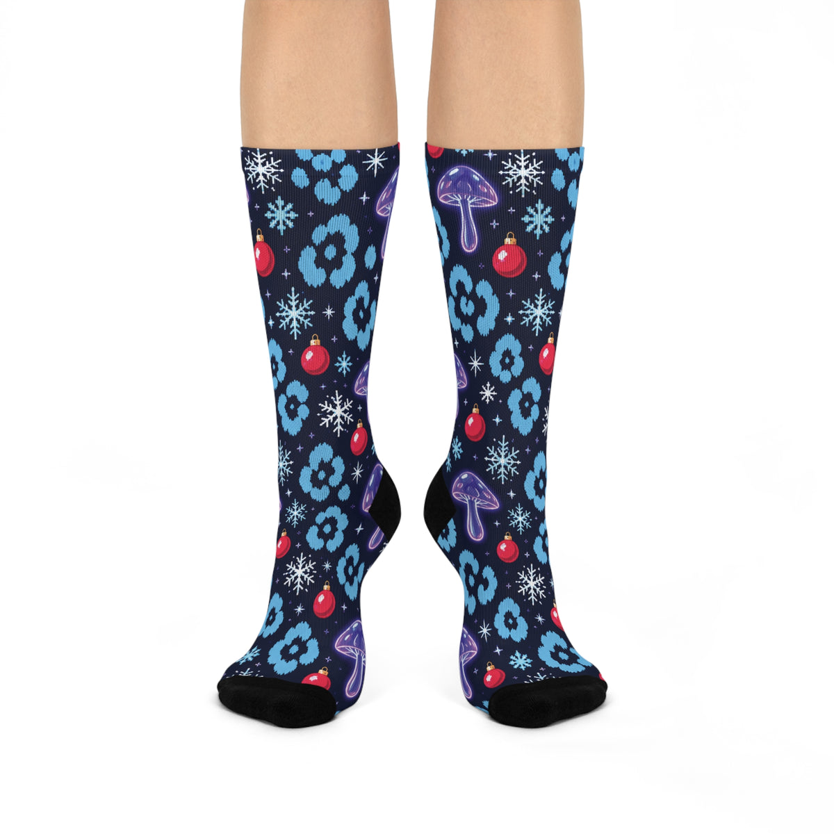 Electric Snow Leopard Christmas Mushroom Cushioned Crew Socks
