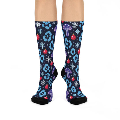 Electric Snow Leopard Christmas Mushroom Cushioned Crew Socks