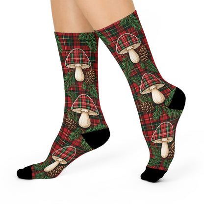 Festive Forest Plaid Christmas Mushroom Cushioned Crew Socks