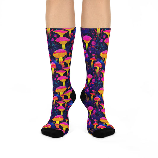 Mushroom Socks For Festival Season | Cushioned Crew Socks | Pink 020 Blue 020