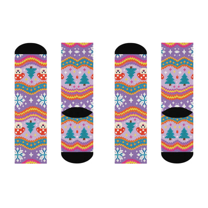 Retro Christmas Waves Christmas Mushroom Cushioned Crew Socks