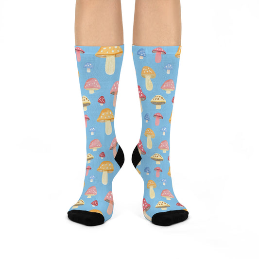 Mushroom Socks For Festival Season | Cushioned Crew Socks | Blue 021