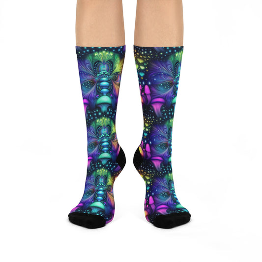 Mushroom Socks For Festival Season | Cushioned Crew Socks | Multicolor | Black 029