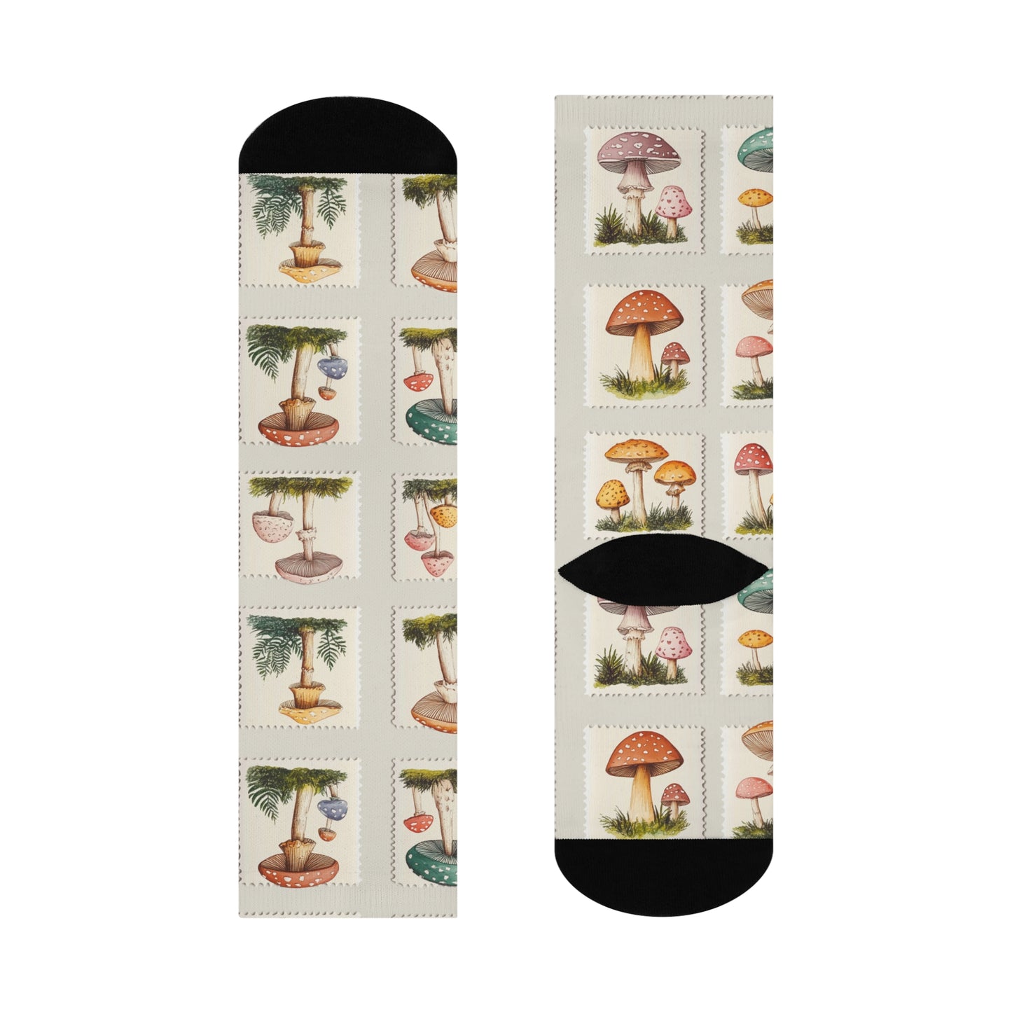 Mushroom Stamps Cushioned Crew Socks | Beige 005