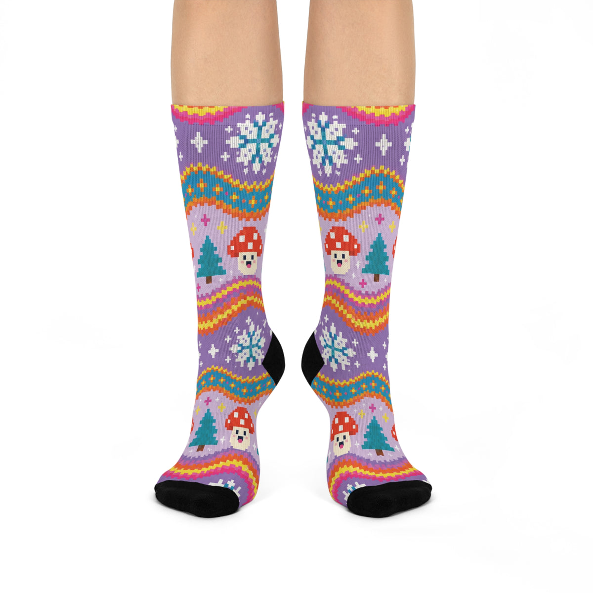 Retro Christmas Waves Christmas Mushroom Cushioned Crew Socks