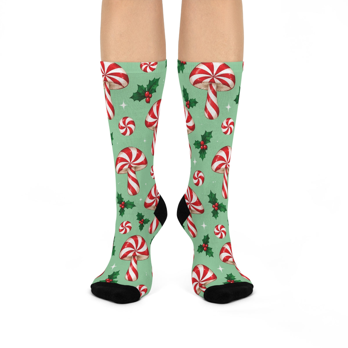 Peppermint Swirl Christmas Mushroom Cushioned Crew Socks