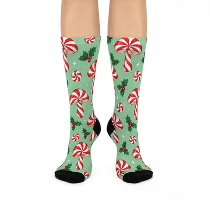 Peppermint Swirl Christmas Mushroom Cushioned Crew Socks
