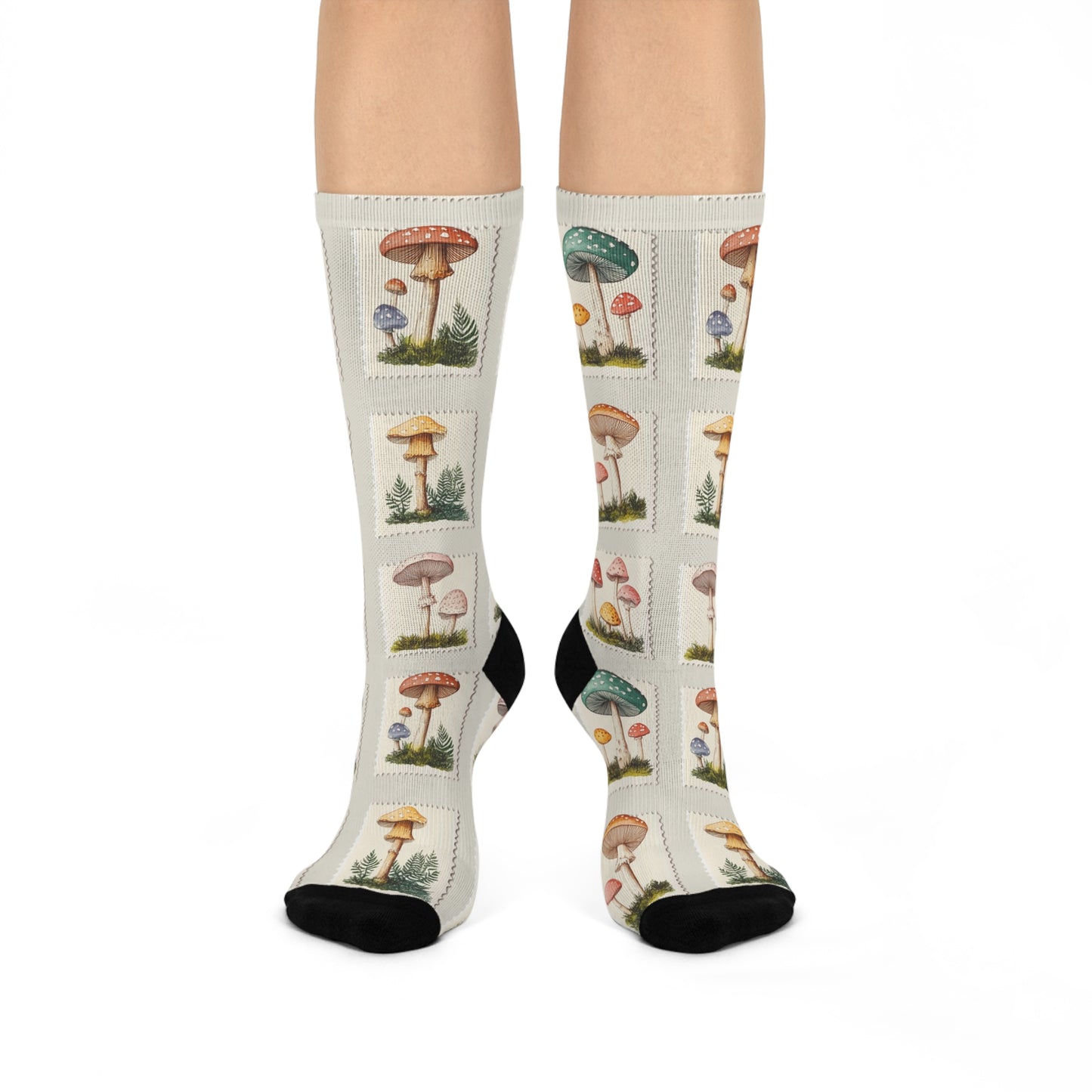 Mushroom Stamps Cushioned Crew Socks | Beige 005