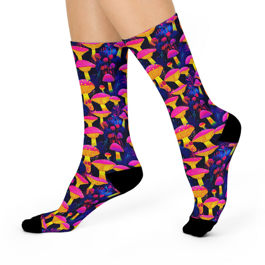 Mushroom Socks For Festival Season | Cushioned Crew Socks | Pink 020 Blue 020