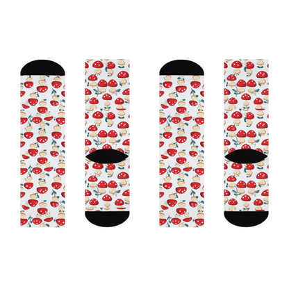 White Leafy Red Mushroom Crew Socks