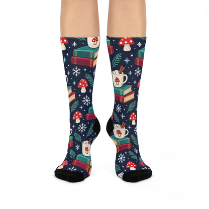 Snowy Book Nook Christmas Mushroom Cushioned Crew Socks