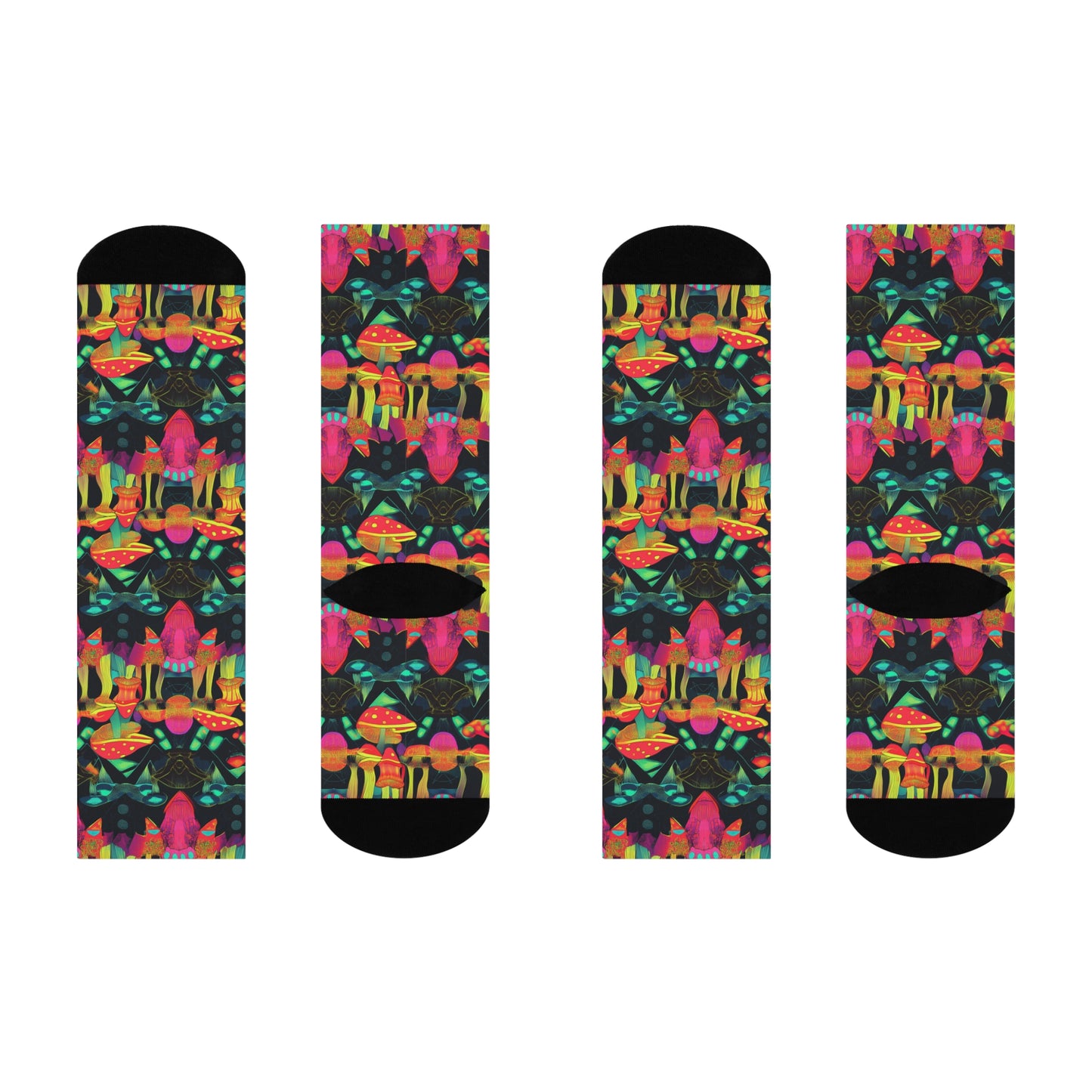 Mushroom Socks For Festival Season | Cushioned Crew Socks | Multicolor | Black 030