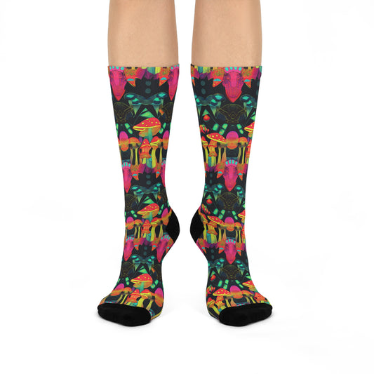 Mushroom Socks For Festival Season | Cushioned Crew Socks | Multicolor | Black 030