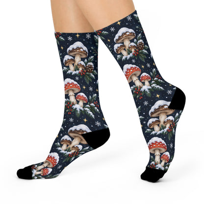 Midnight Snowcap Christmas Mushroom Cushioned Crew Socks