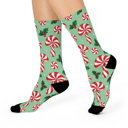 Peppermint Swirl Christmas Mushroom Cushioned Crew Socks