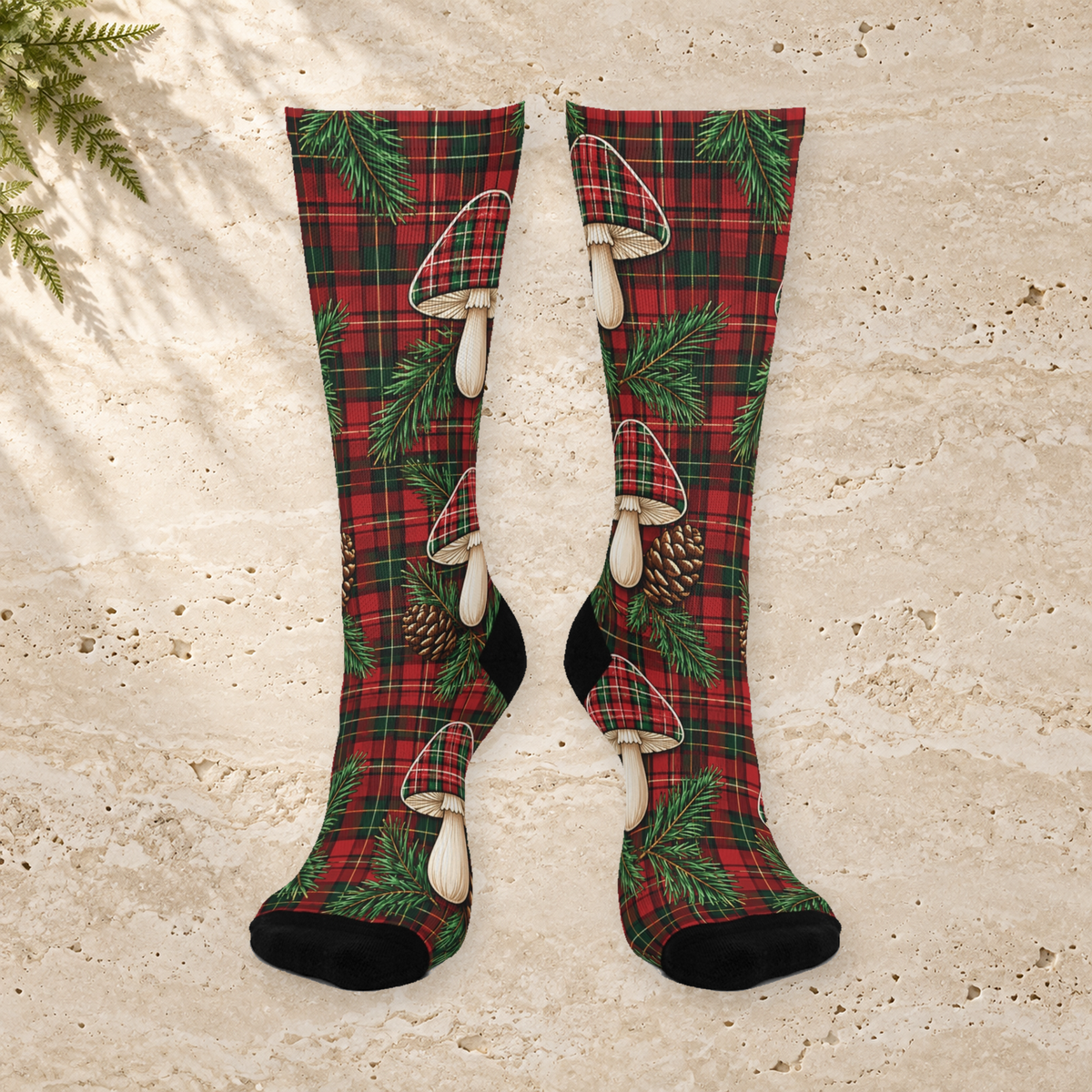 Festive Forest Plaid Christmas Mushroom Cushioned Crew Socks