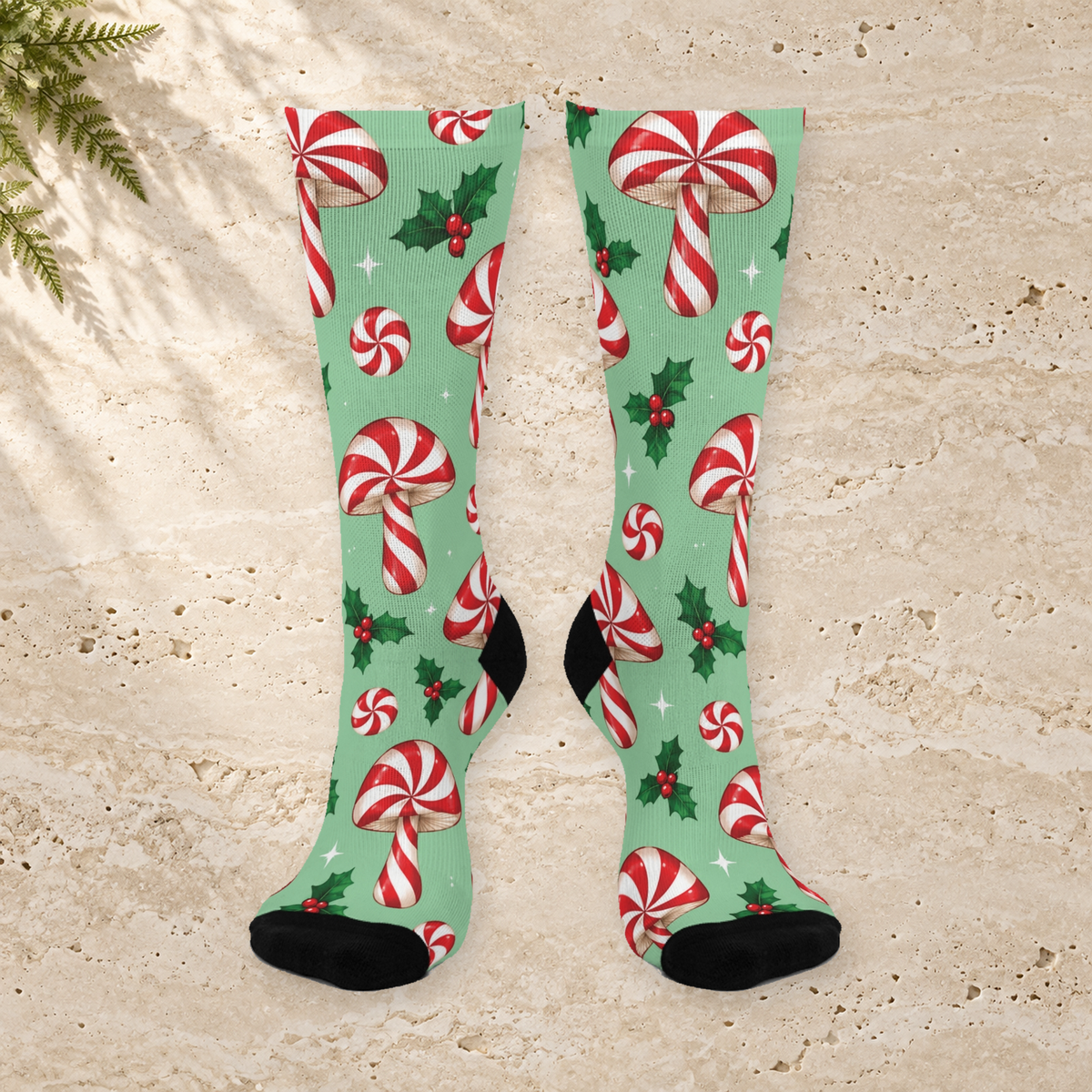 Peppermint Swirl Christmas Mushroom Cushioned Crew Socks