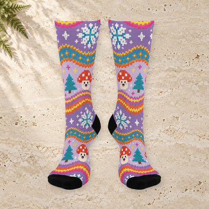 Retro Christmas Waves Christmas Mushroom Cushioned Crew Socks