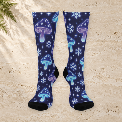 Midnight Mushroom Snow Christmas Mushroom Cushioned Crew Socks