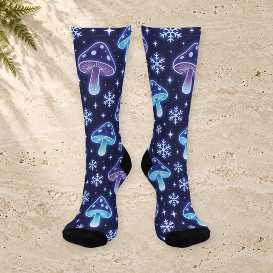 Midnight Mushroom Snow Christmas Mushroom Cushioned Crew Socks
