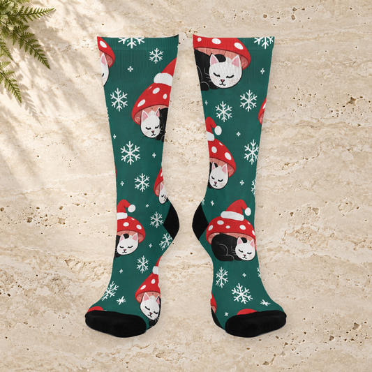 Holiday Cat Nap Christmas Mushroom Cushioned Crew Socks