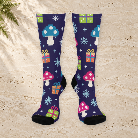 Peppermint Pixel Christmas Mushroom Cushioned Crew Socks